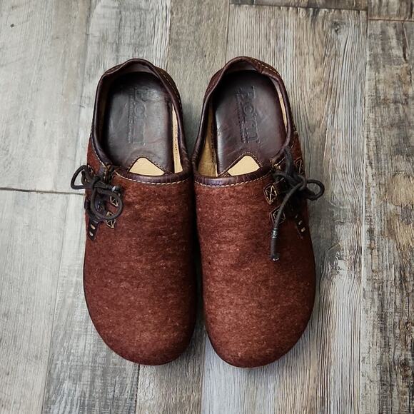 Born Womens Maroon Slip On Clogs Size 7/38 Wool Leather Upper Side Tie Boho - Picture 2 of 13